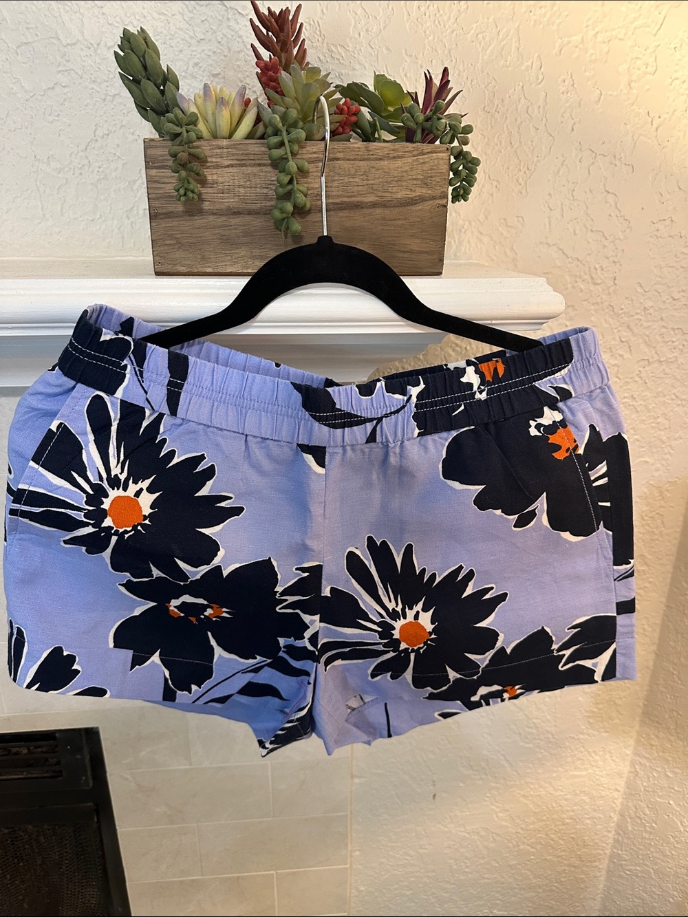 J. Crew Lavender Floral Linen Shorts with Navy & Orange Accents